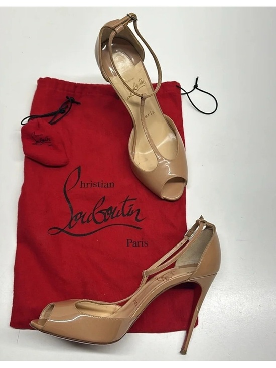 Christian Louboutin Shoes - Christian Louboutin Nude Peep-Toe T-Strap Stiletto Heels. Size 8.